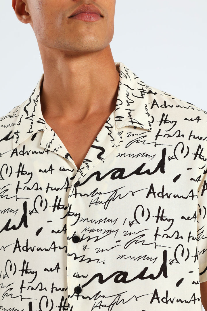 Word Print Viscose Shirt - Stone