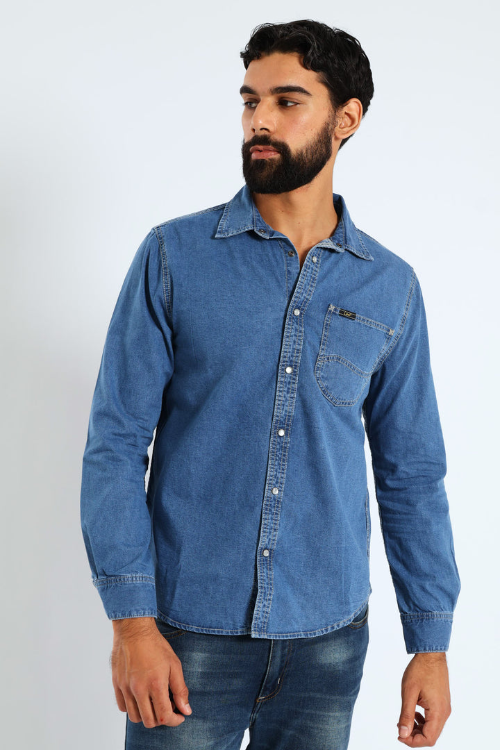 Long Sleeve Lazy Denim Shirt - Medium Wash