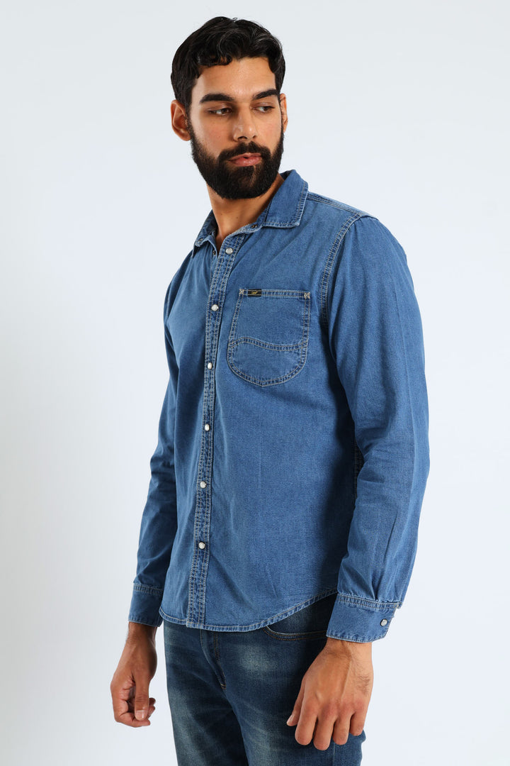 Long Sleeve Lazy Denim Shirt - Medium Wash