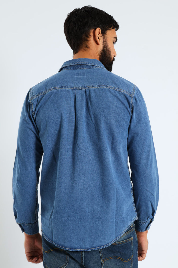 Long Sleeve Lazy Denim Shirt - Medium Wash