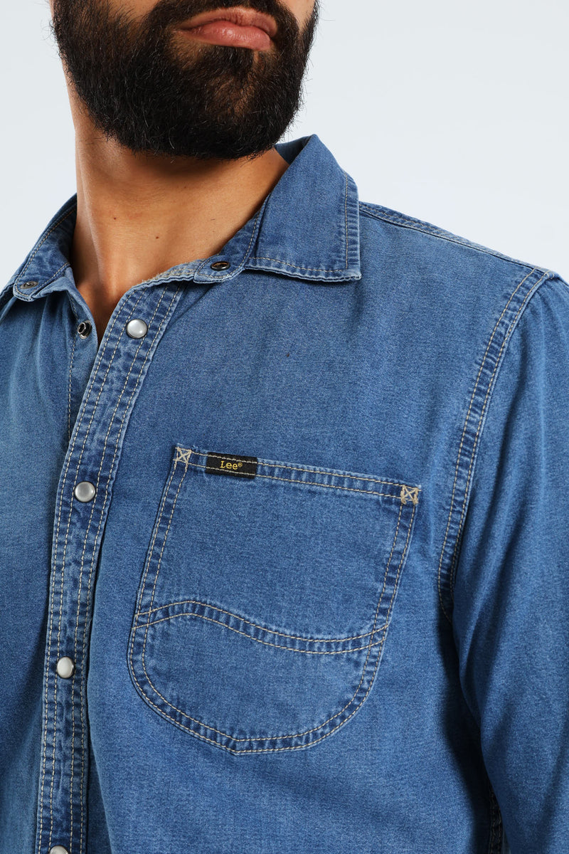 Long Sleeve Lazy Denim Shirt - Medium Wash