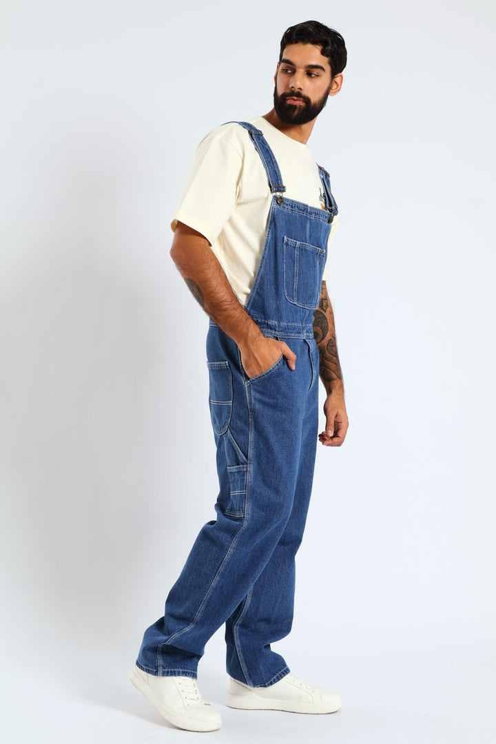 Regular Relaxed Straight Leg Denim  Dungaree - Med Wash