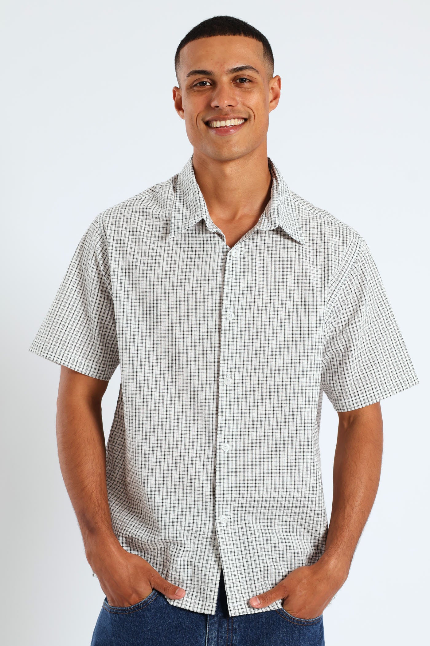 mini check shirt Ｗ　OVY Mens Short Sleeve Mini Check Shirt - Stone – Edgars