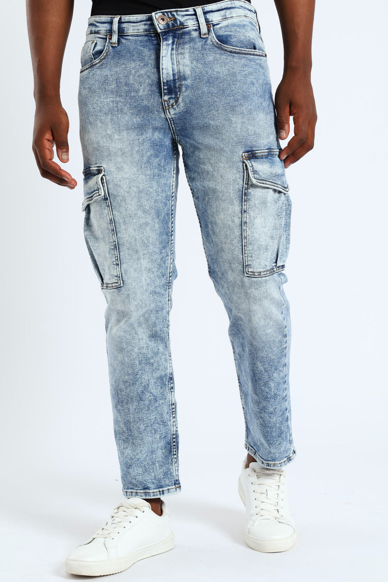 Slim Fit Cargo Stretch Denim - Mid Blue