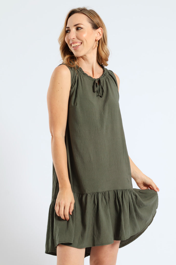 Frill Neck Drop Hem Dress - Light Fatigue
