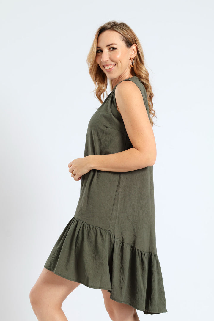 Frill Neck Drop Hem Dress - Light Fatigue