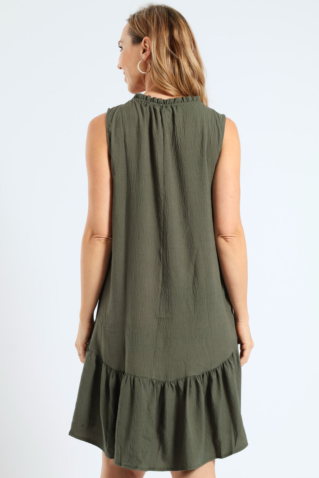 Frill Neck Drop Hem Dress - Light Fatigue