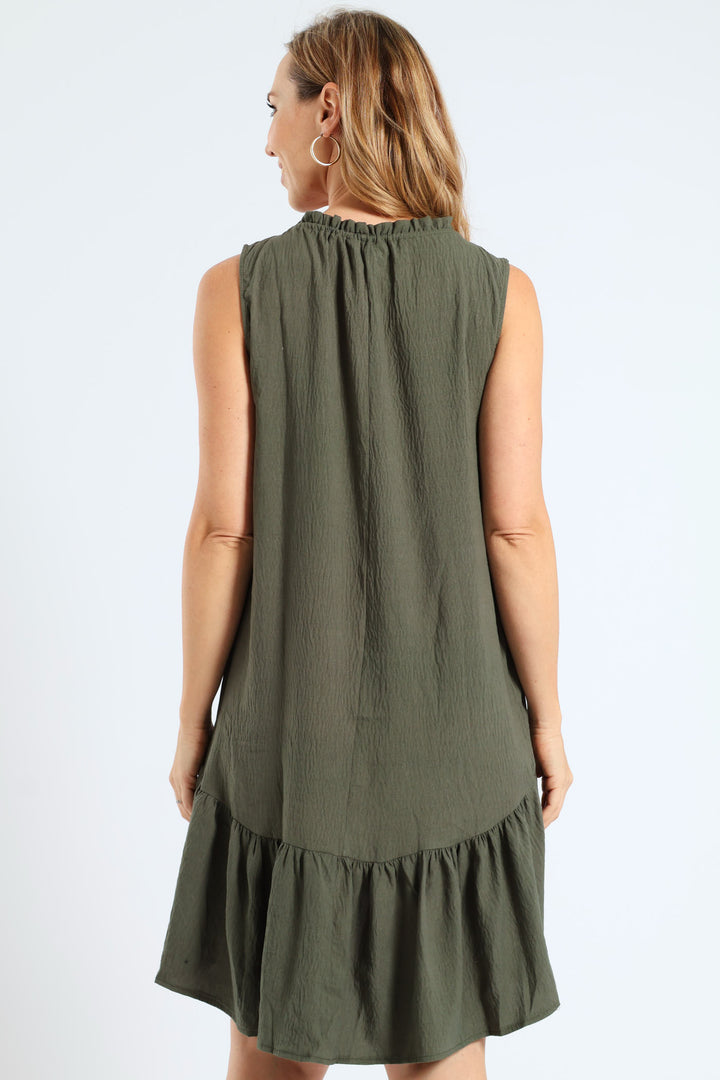 Frill Neck Drop Hem Dress - Light Fatigue