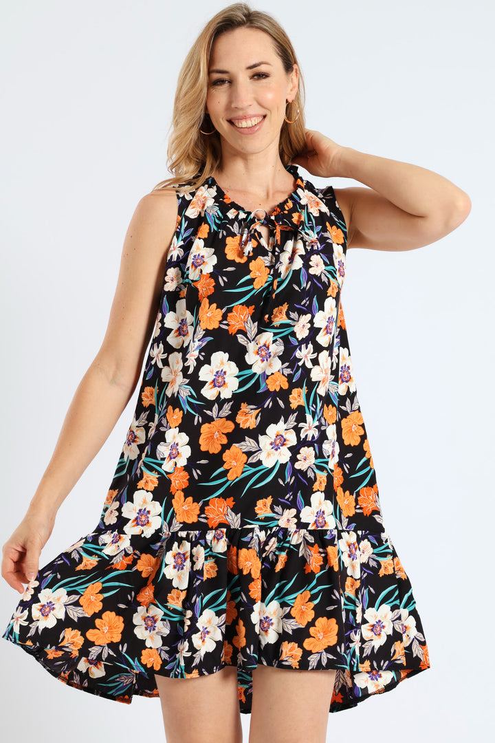 Frill Neck Drop Printed Hem Dress - Black