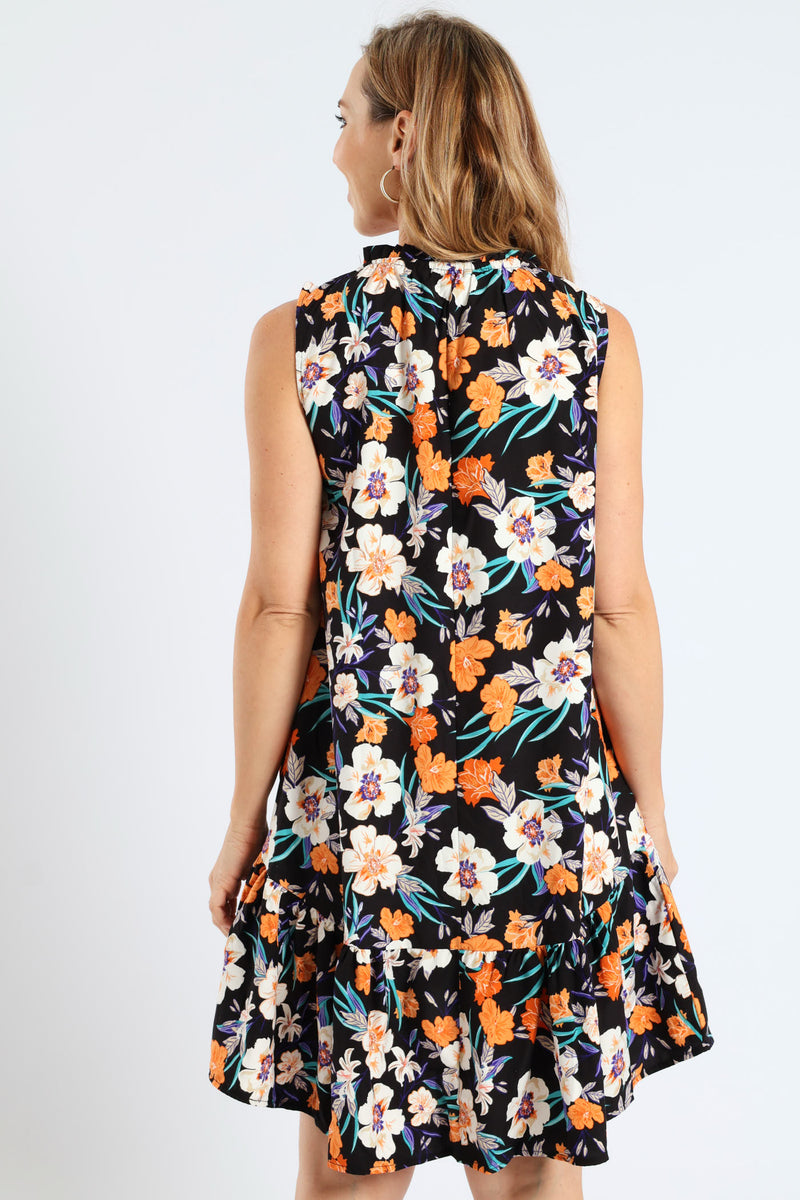Frill Neck Drop Printed Hem Dress - Black