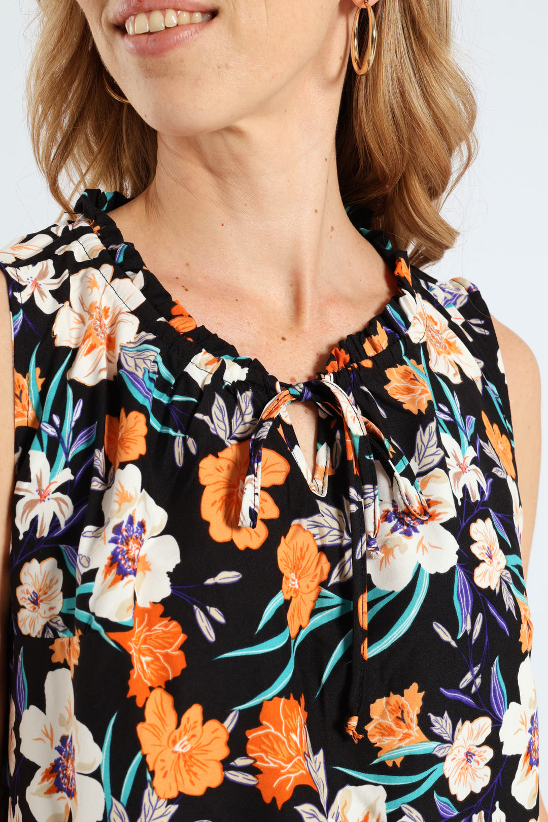 Frill Neck Drop Printed Hem Dress - Black