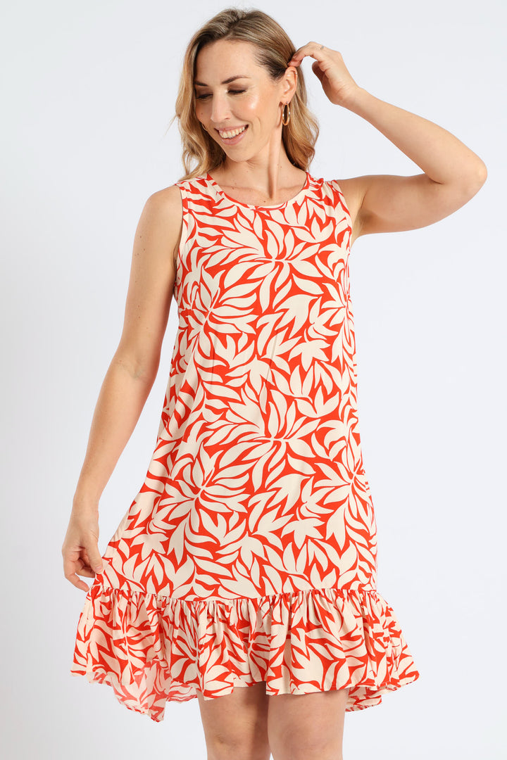 Frill Hem Hi-Lo Printed Shift Mini Dress - White/Orange