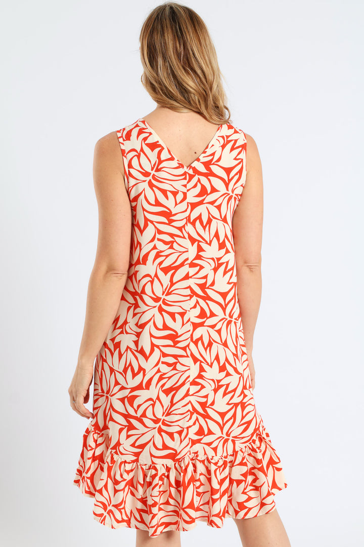 Frill Hem Hi-Lo Printed Shift Mini Dress - White/Orange