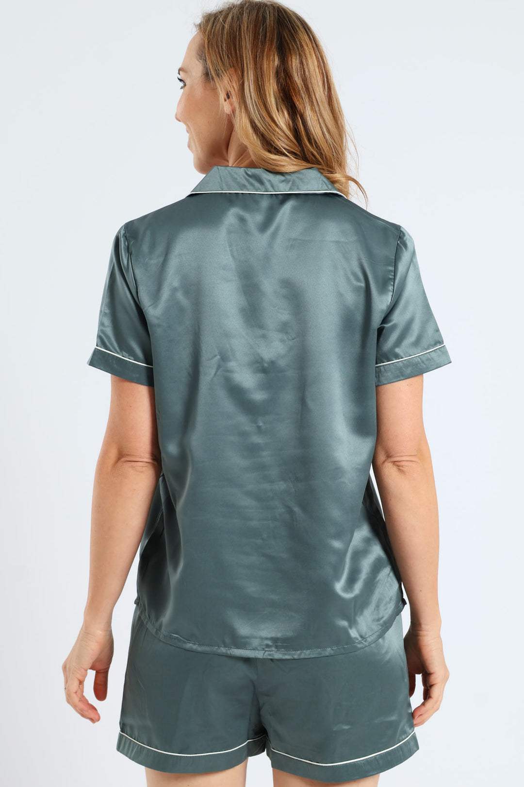 Button Through Short Set Satin - Mid Green