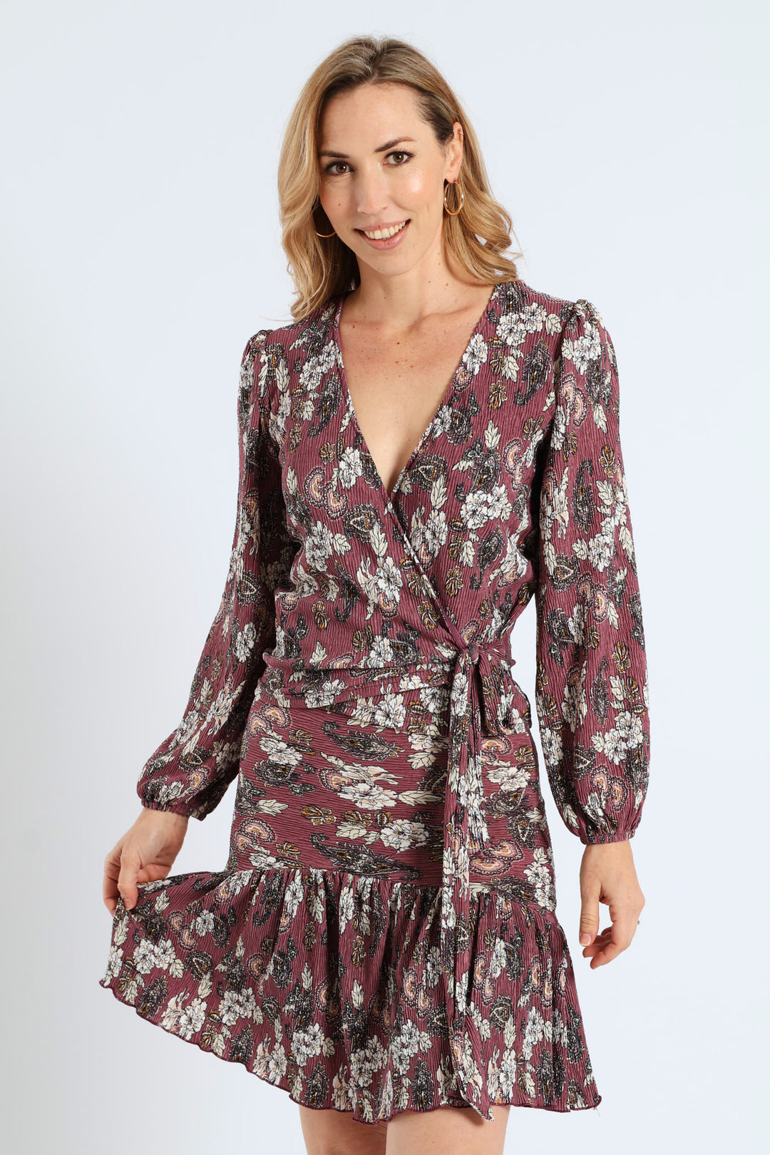 Long Sleep Wrap Plisse Top - Mauve