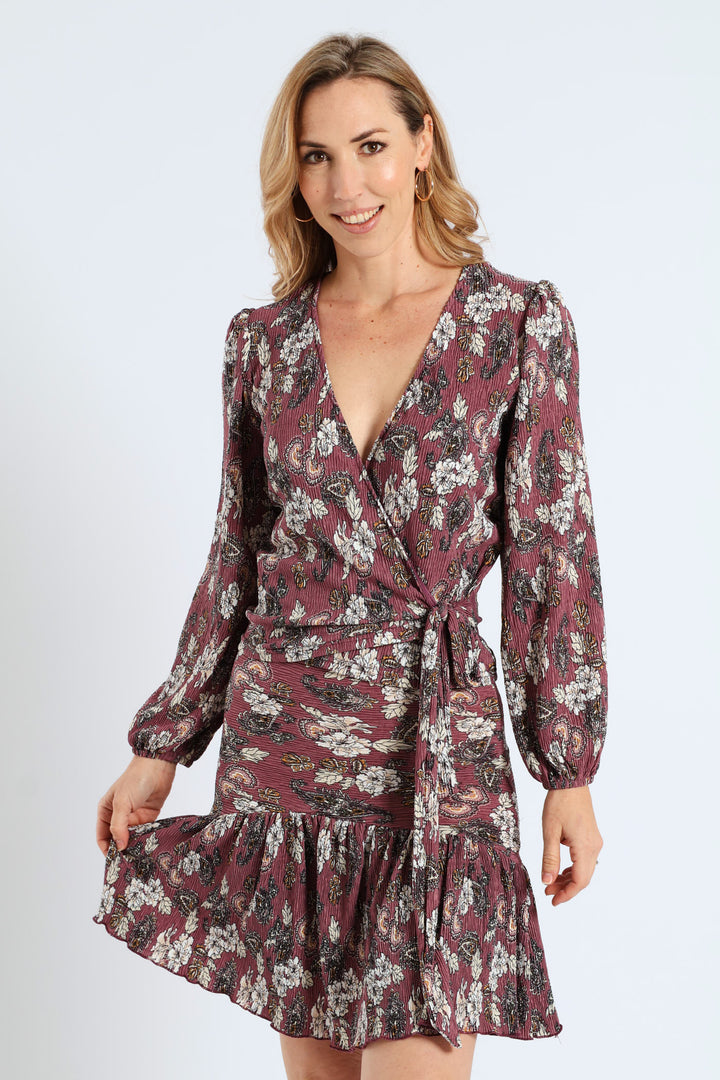 Long Sleep Wrap Plisse Top - Mauve