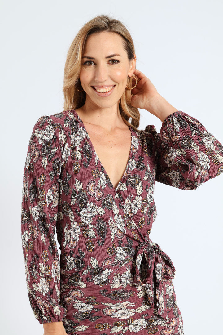 Long Sleep Wrap Plisse Top - Mauve