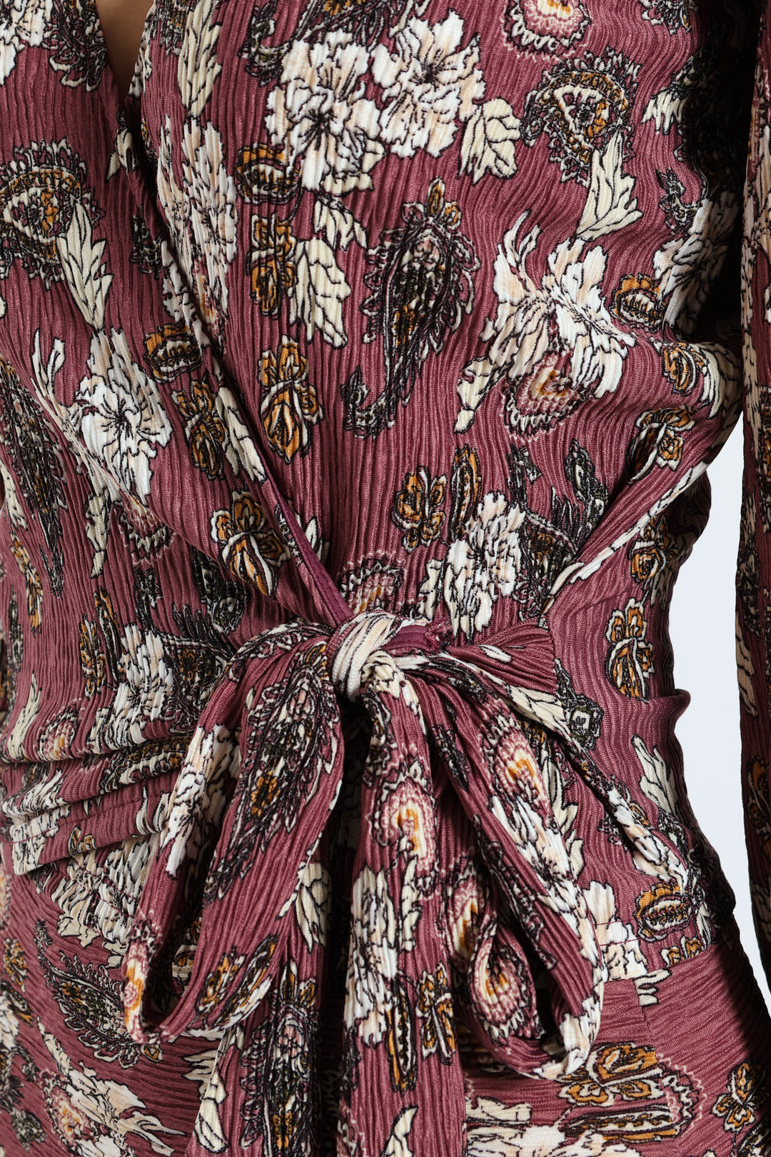 Long Sleep Wrap Plisse Top - Mauve