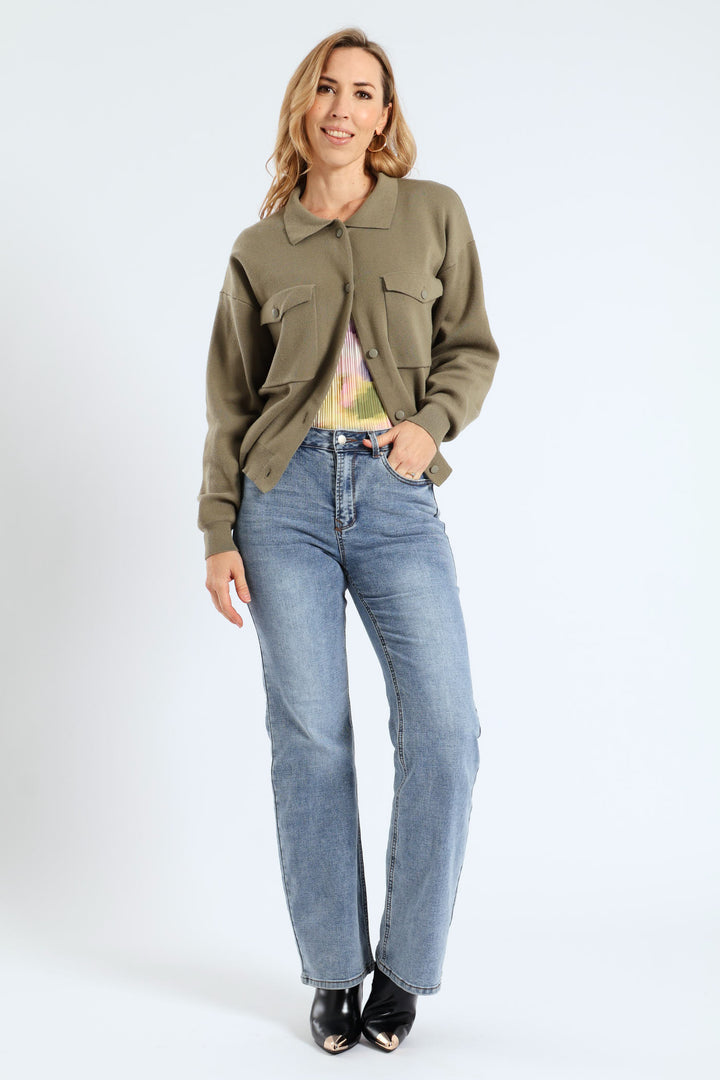 Knitted Cardi Bomber Jacket - Light Fatigue