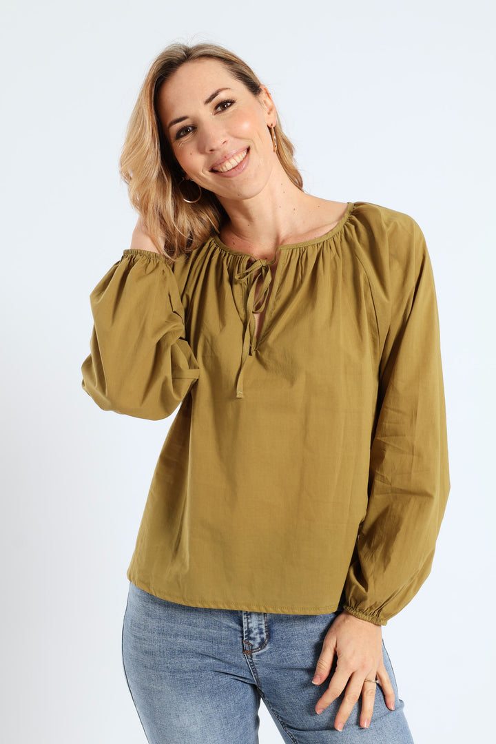Long Sleeve Tie-Neck Voile Boho Blouse - Olive