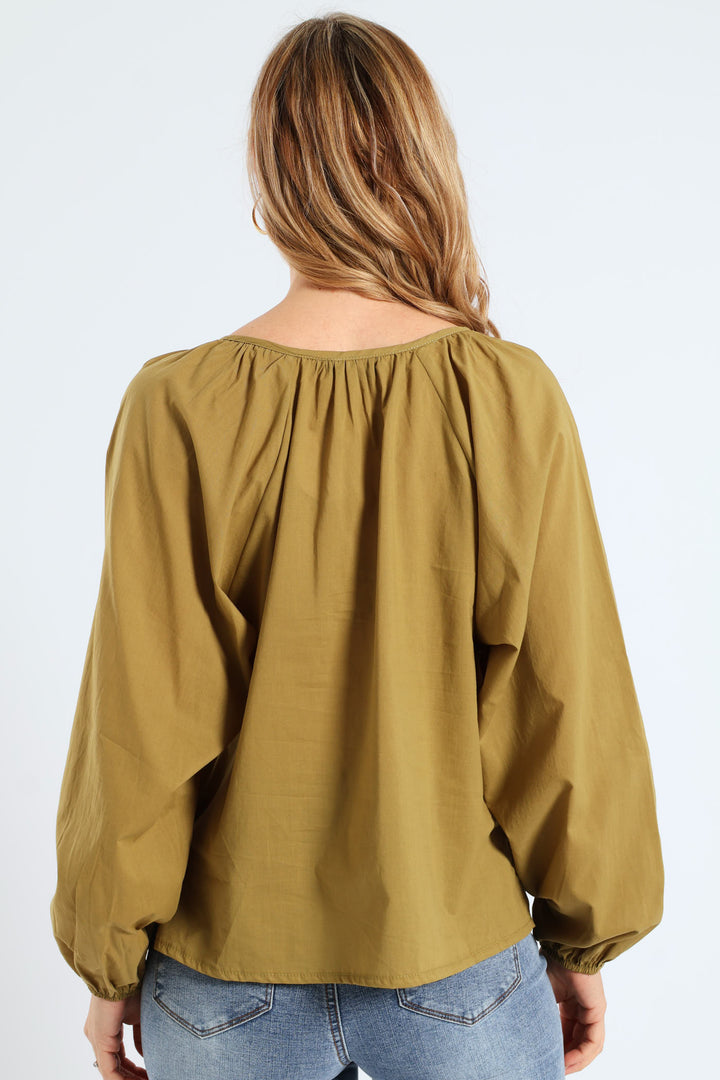 Long Sleeve Tie-Neck Voile Boho Blouse - Olive