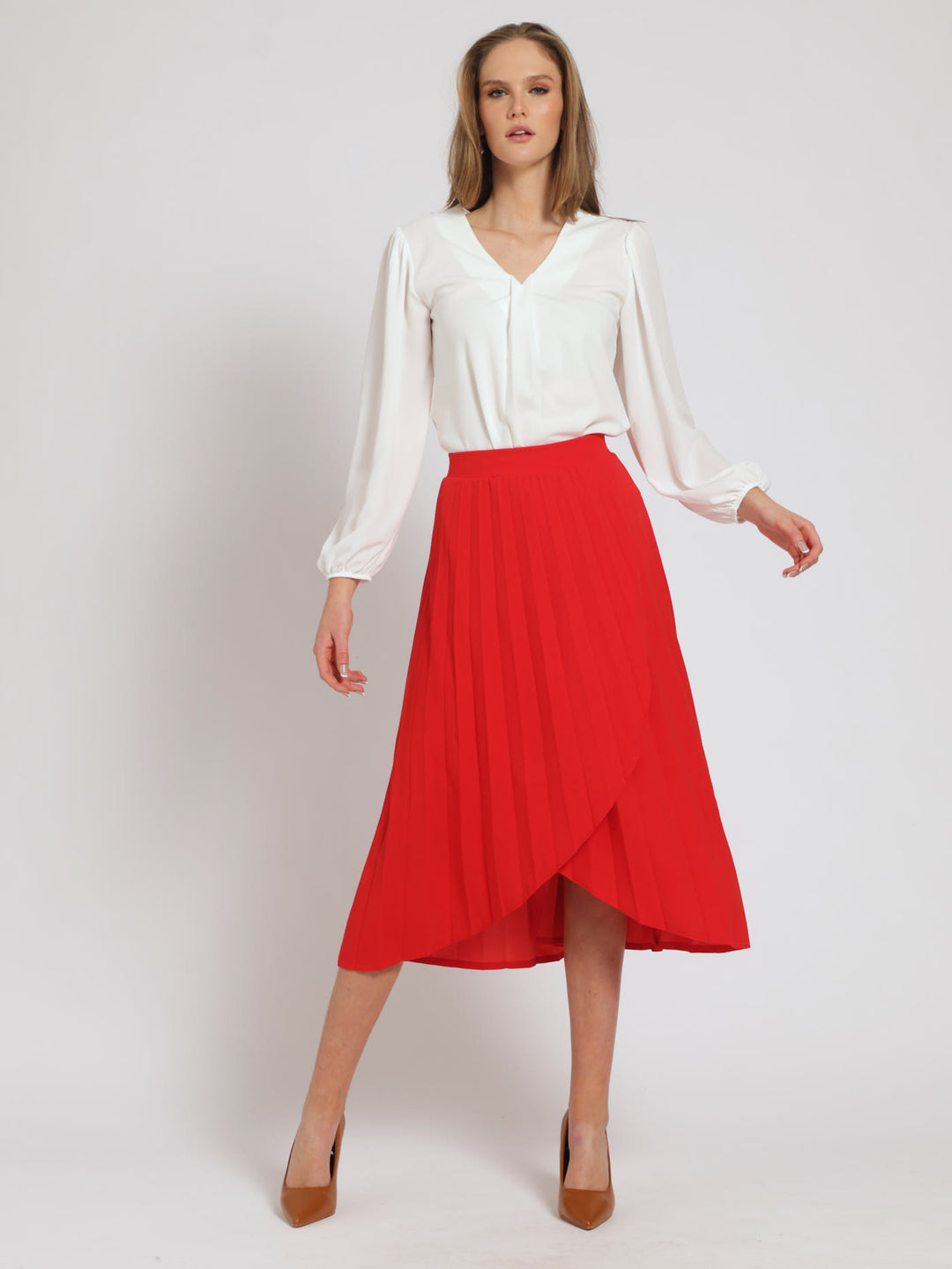 Mock Wrap Pleated Midi Skirt - Red