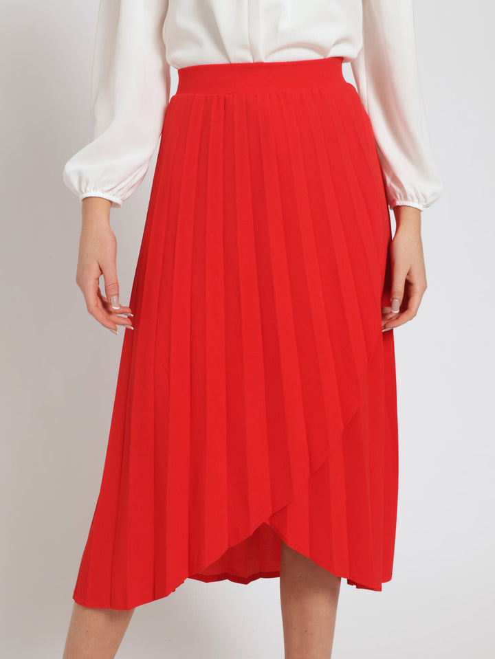 Mock Wrap Pleated Midi Skirt - Red