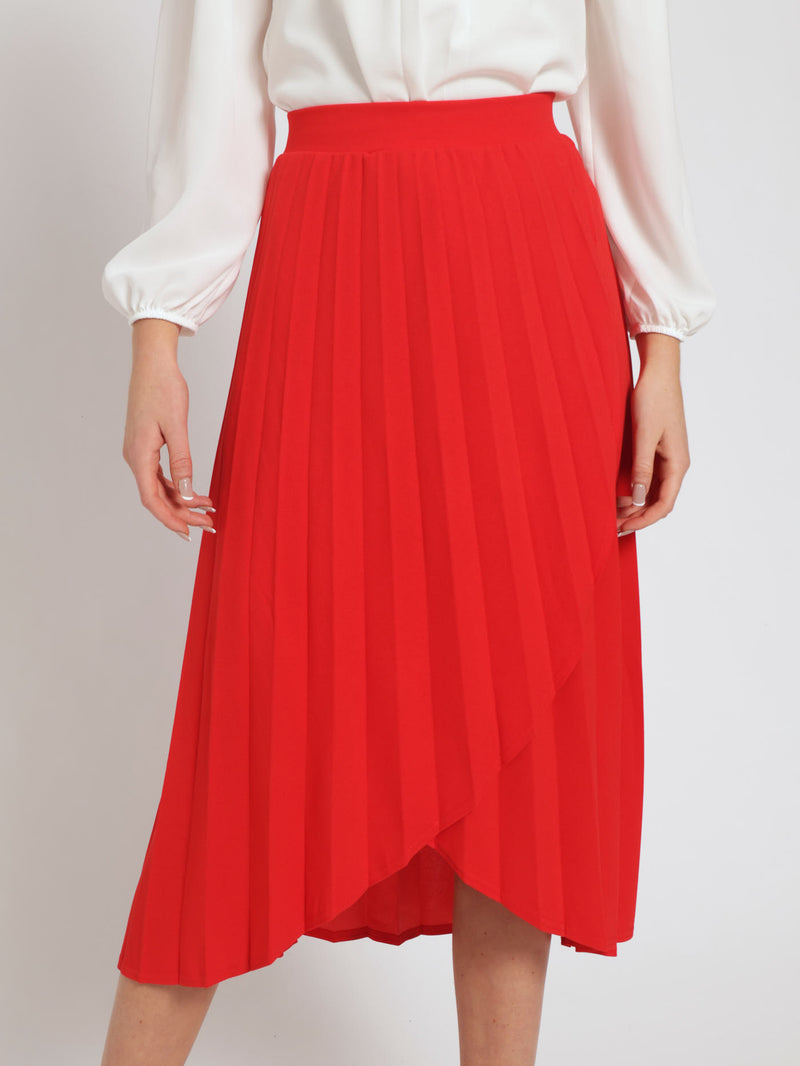 Mock Wrap Pleated Midi Skirt - Red