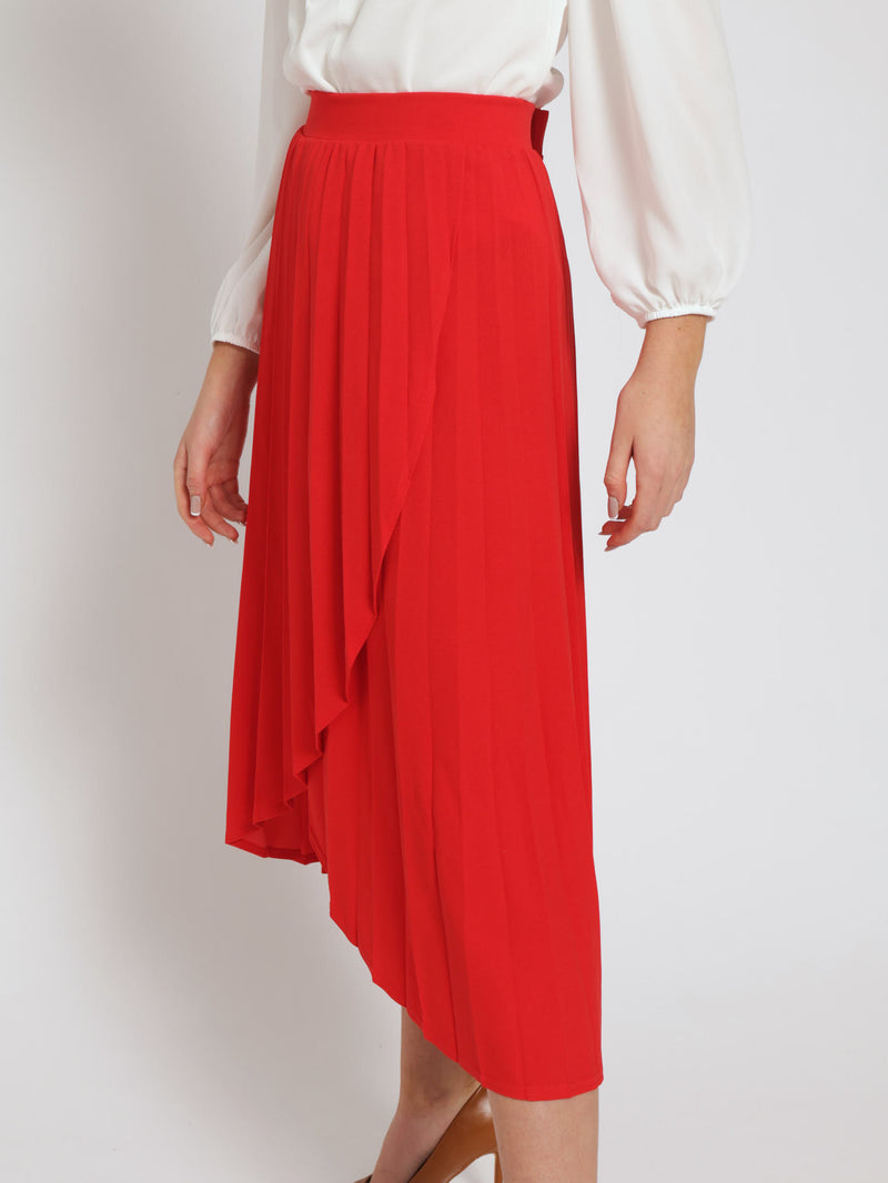 Mock Wrap Pleated Midi Skirt - Red