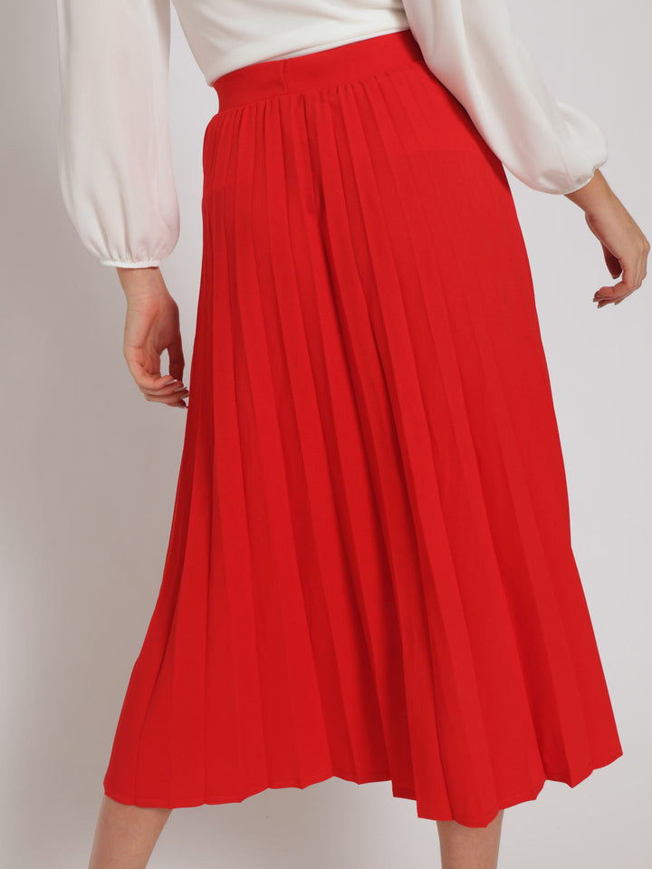 Mock Wrap Pleated Midi Skirt - Red