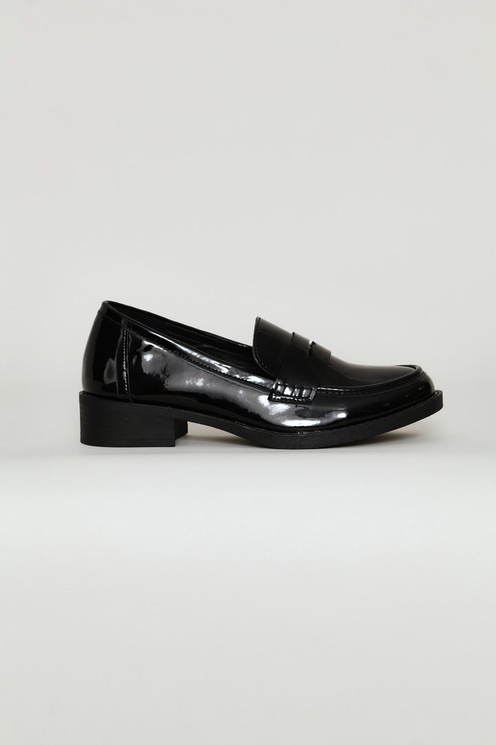 Thick Block Heel Penny Loafer - Black