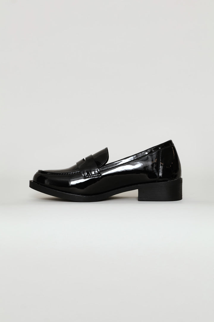 Thick Block Heel Penny Loafer - Black