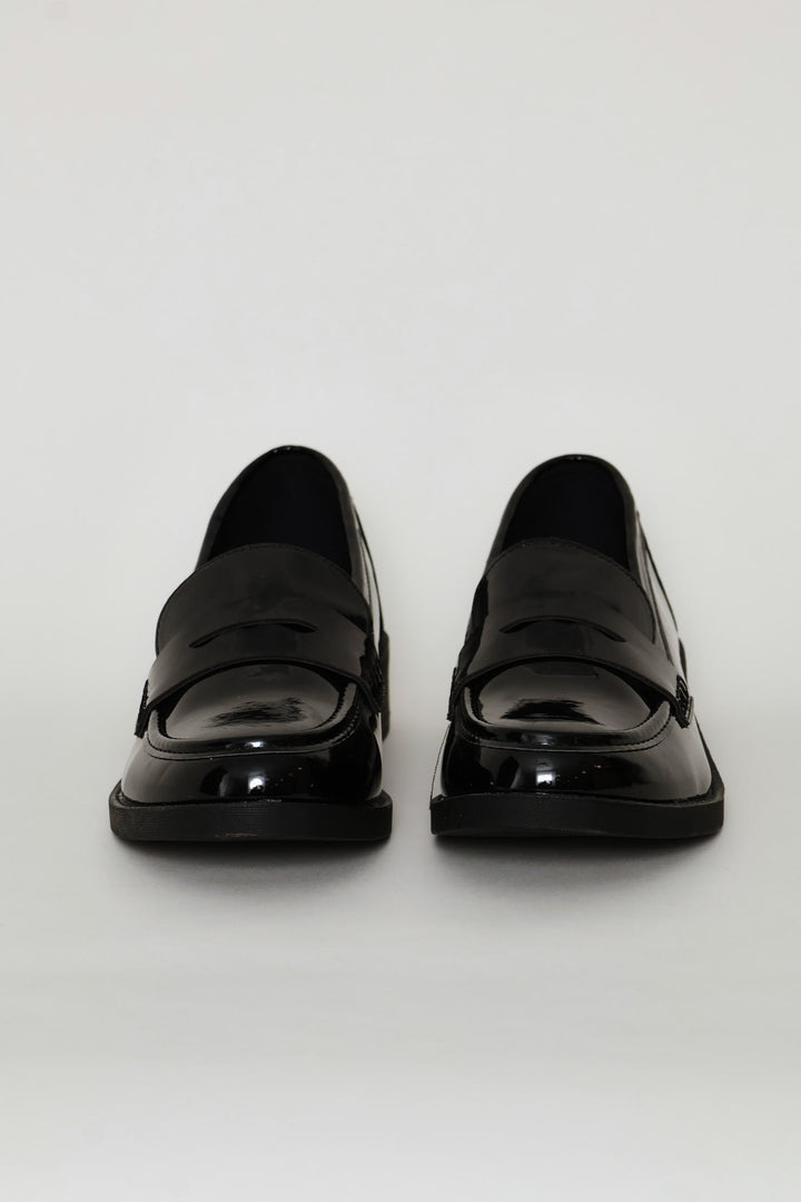 Thick Block Heel Penny Loafer - Black