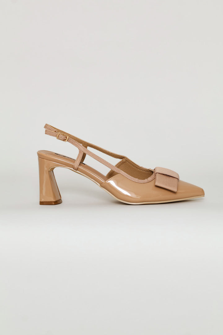 Bow Detail Pointed Toe Shaped Block Heel - Taupe