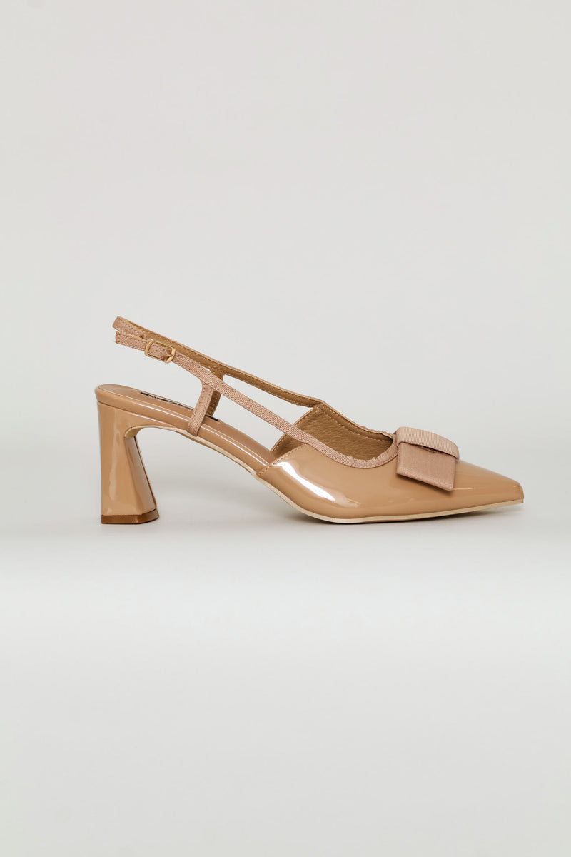 Bow Detail Pointed Toe Shaped Block Heel - Taupe