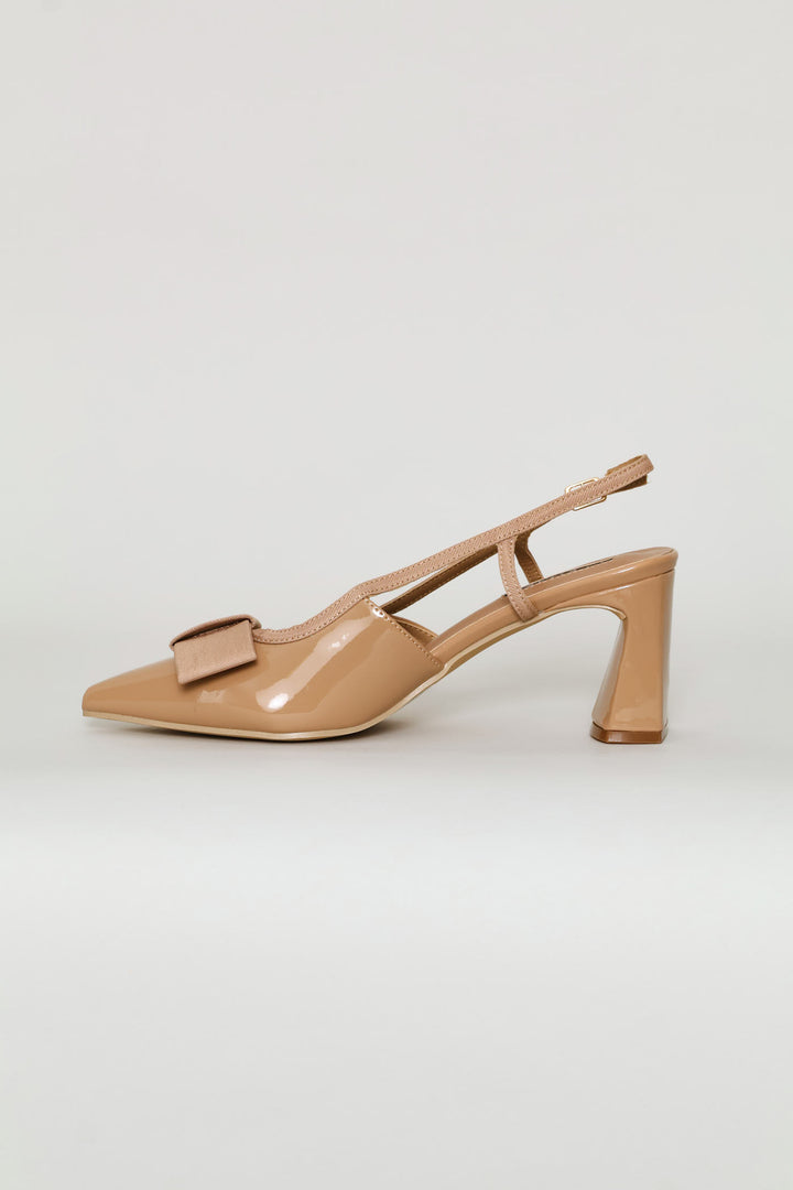 Bow Detail Pointed Toe Shaped Block Heel - Taupe