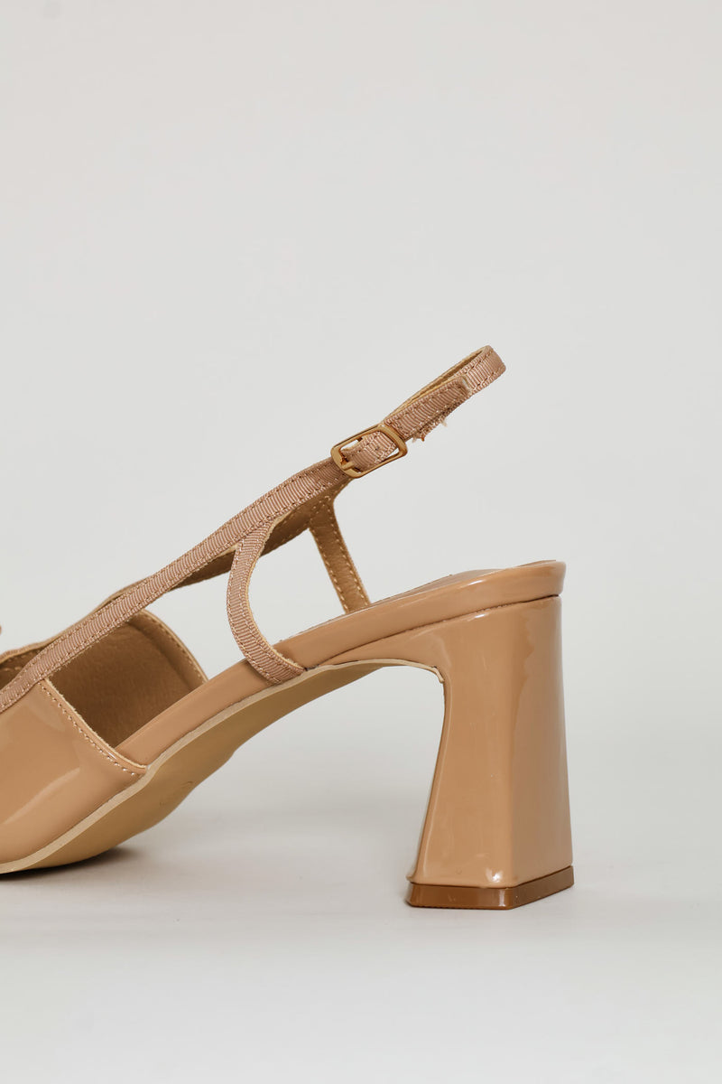 Bow Detail Pointed Toe Shaped Block Heel - Taupe
