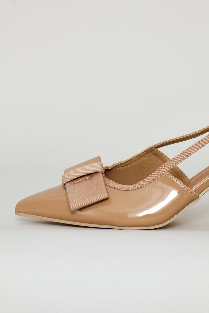 Bow Detail Pointed Toe Shaped Block Heel - Taupe