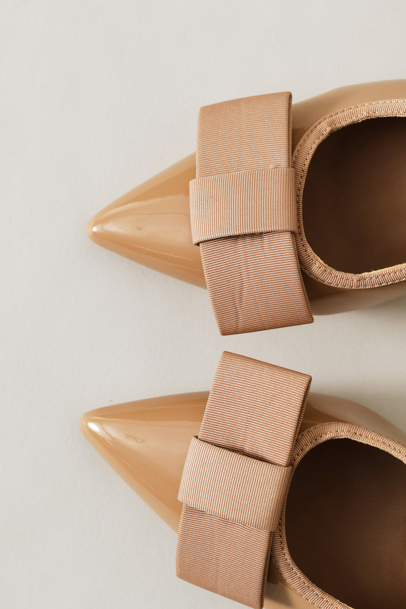 Bow Detail Pointed Toe Shaped Block Heel - Taupe