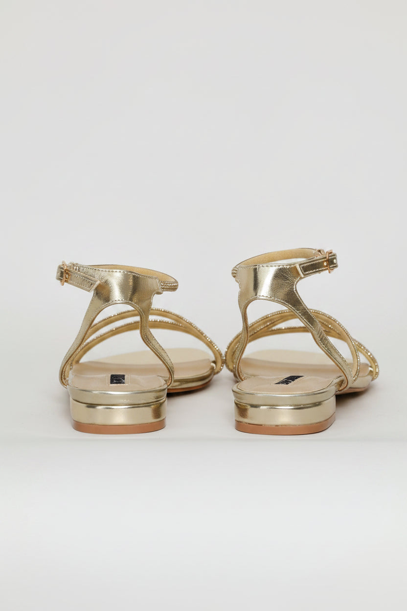 Asymmetrical Strap Diamante Sandal - Gold