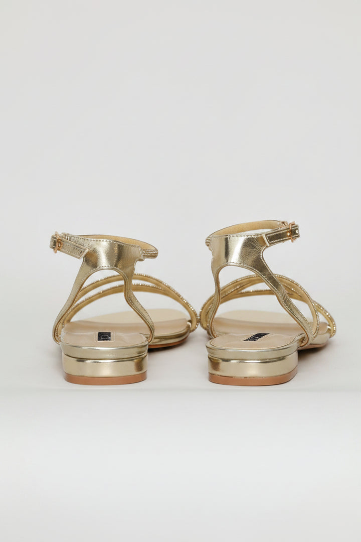 Asymmetrical Strap Diamante Sandal - Gold