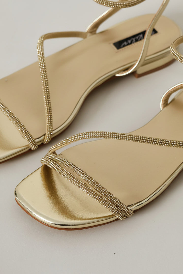 Asymmetrical Strap Diamante Sandal - Gold