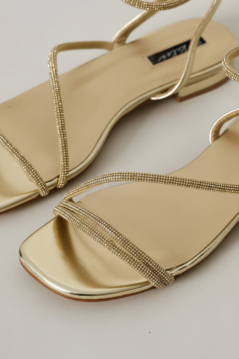 Asymmetrical Strap Diamante Sandal - Gold