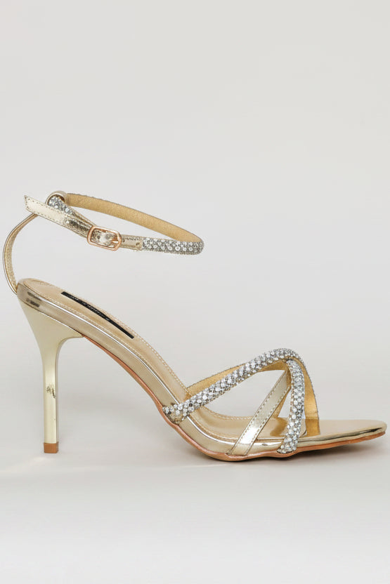 Cross Strap Diamante Stiletto Heel - Gold