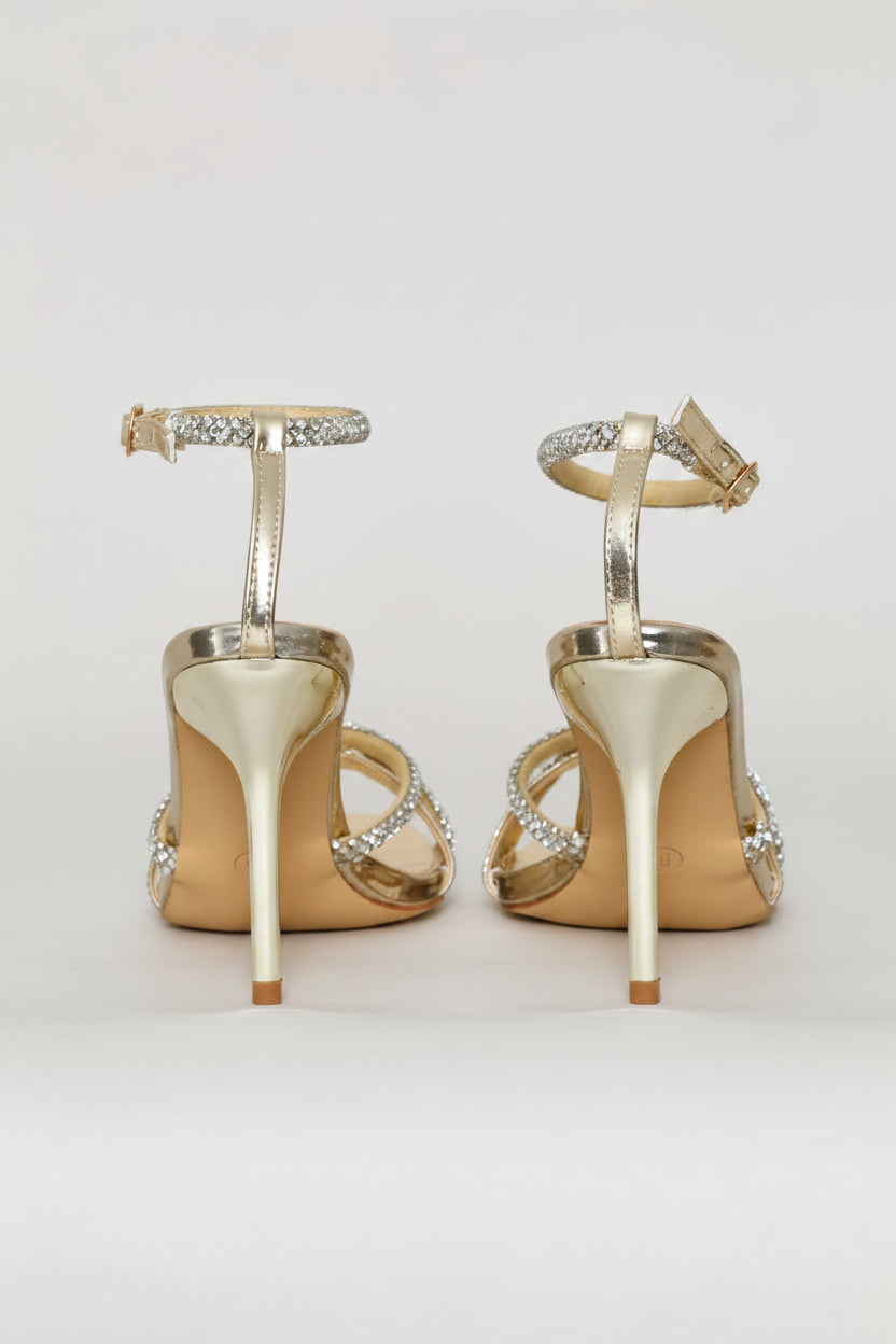 Cross Strap Diamante Stiletto Heel - Gold