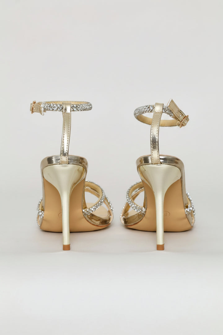 Cross Strap Diamante Stiletto Heel - Gold