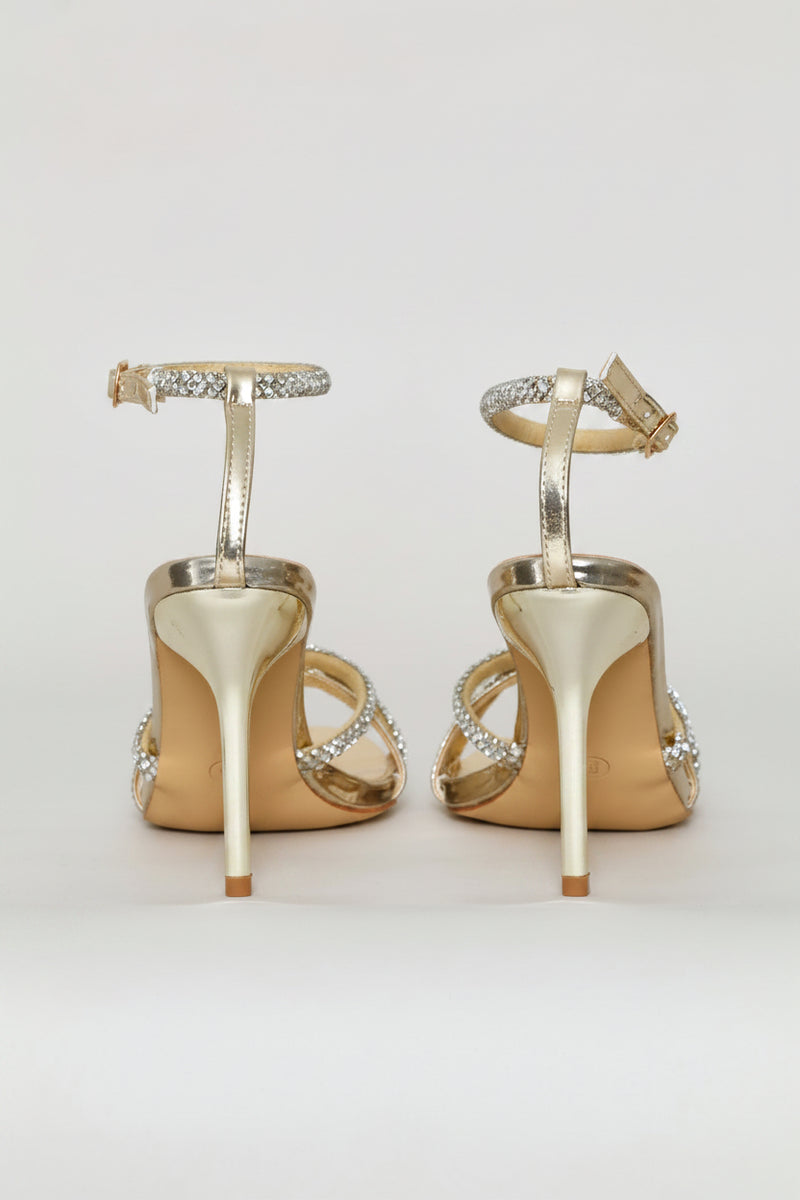 Cross Strap Diamante Stiletto Heel - Gold