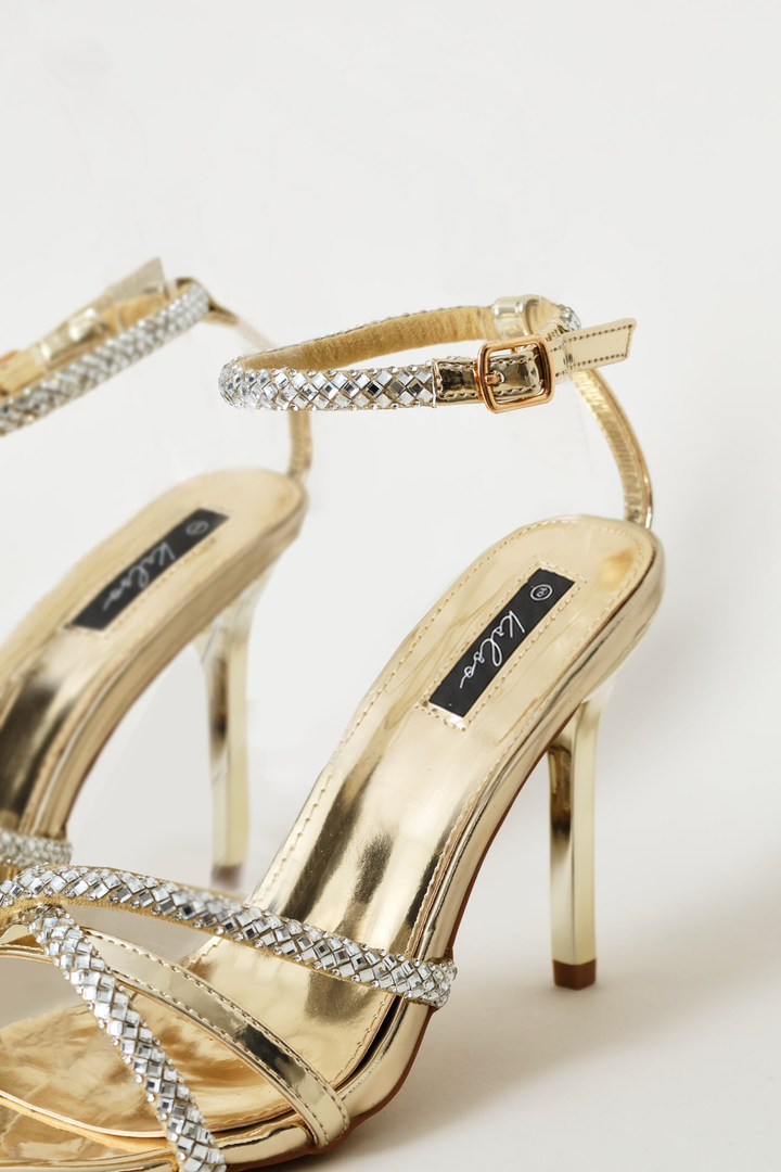 Cross Strap Diamante Stiletto Heel - Gold