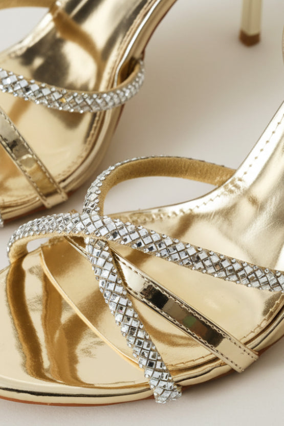 Cross Strap Diamante Stiletto Heel - Gold