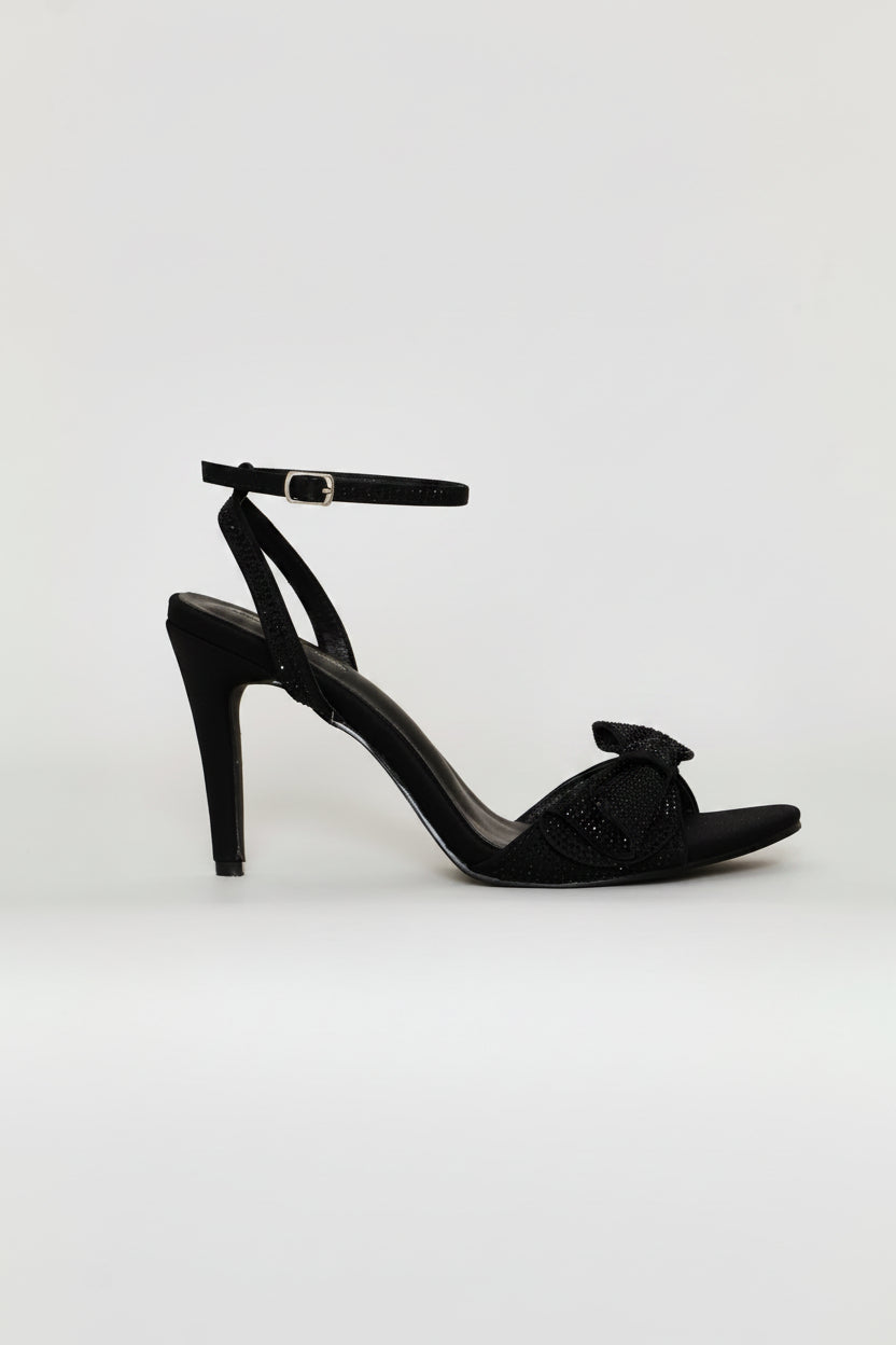 Ankle Strap Side Bow Detail Stiletto Heel - Black